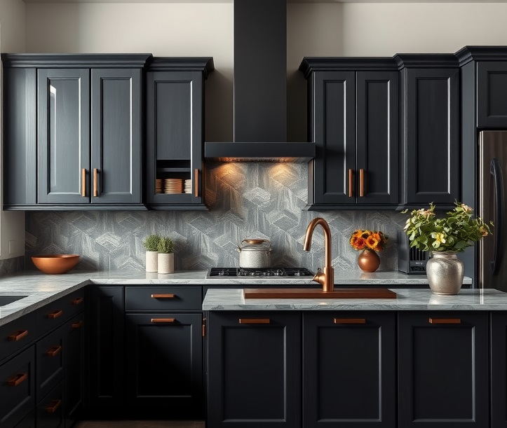 Bold Charcoal Gray Kitchen Cabinets with Striking Copper Accents Top Kitchen Cabinet Designs Singapore