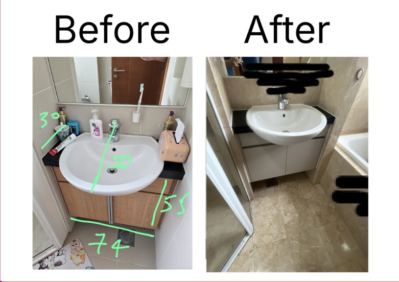 Completed aluminium bathroom cabinet replacements in condo master and common bathrooms