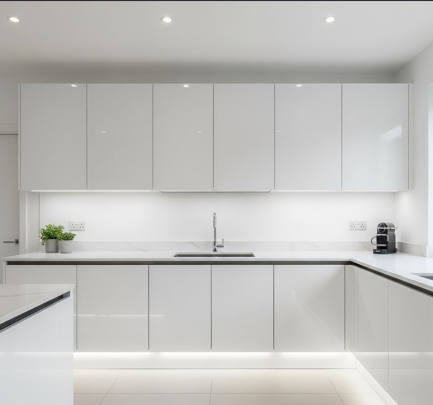 Ultra-Clean Handleless White Kitchen Cabinet Design with Smooth Surfaces Dramatic Matte Black Kitchen Cabinet Design with Brass Accents Top Kitchen Cabinet Designs Singapore