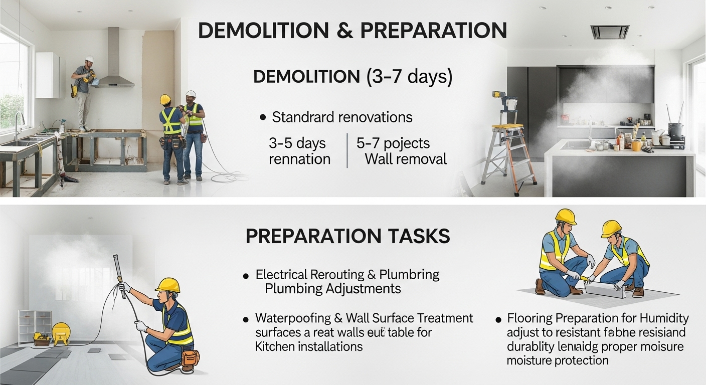A visual representation of the demolition and preparation phase in a kitchen renovation timeline in Singapore