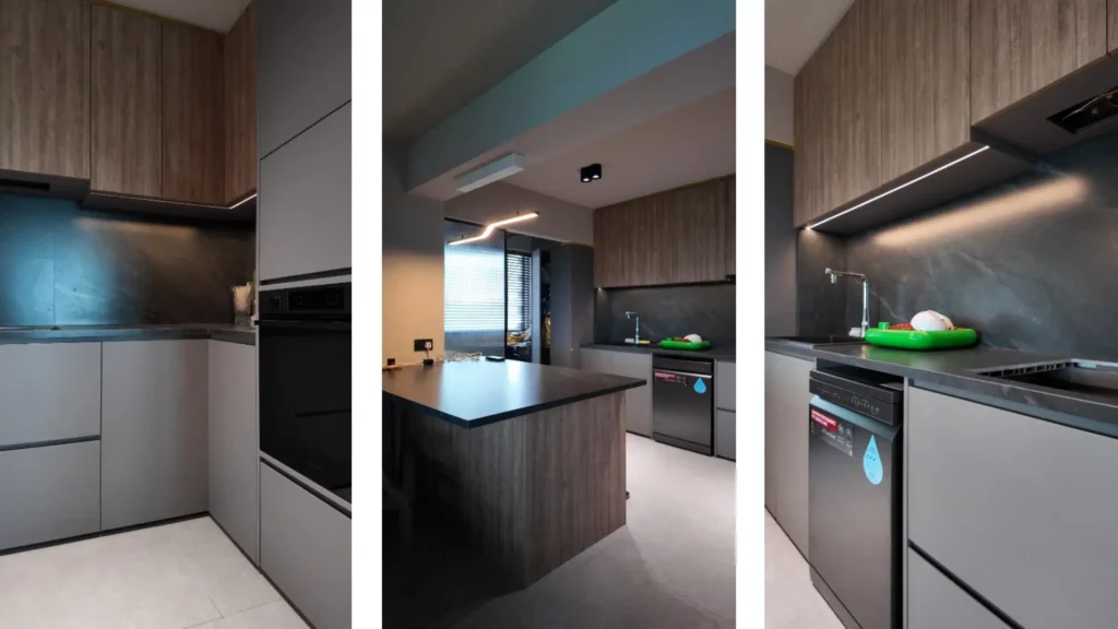 aluminium kitchen cabinet colour matched with countertop and flooring