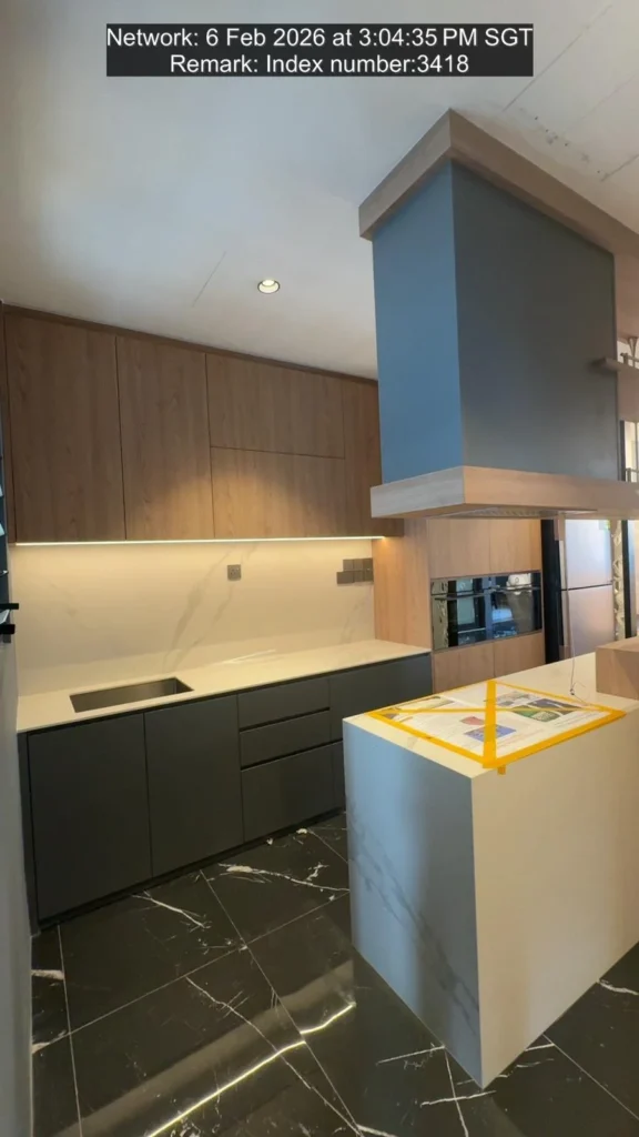 Modern custom kitchen with woodgrain cabinets, matte base units, island countertop, and integrated appliances by TSE7EN