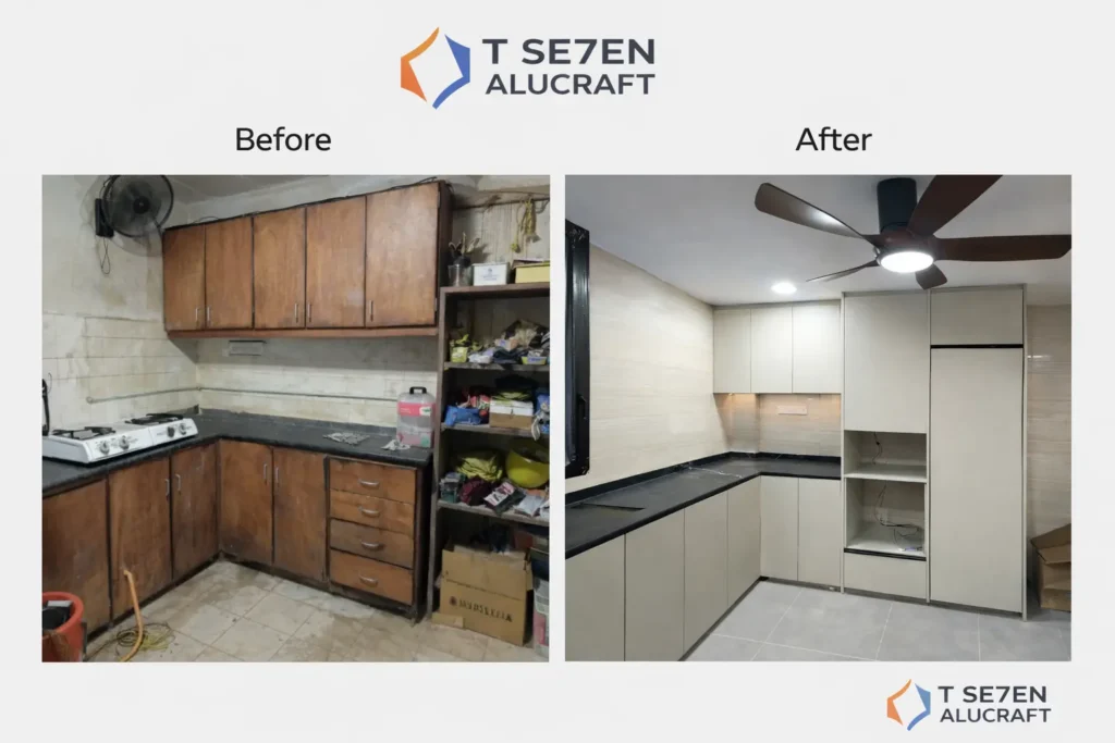 Before and after kitchen cabinet renovation in Singapore showing upgraded cabinets and improved finishes — T Se7en Alucraft” (1)