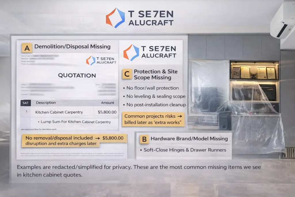 Redacted kitchen cabinet quotation examples showing missing disposal and missing hardware brand plus installed cabinets proof — T Se7en Alucraft Singapore