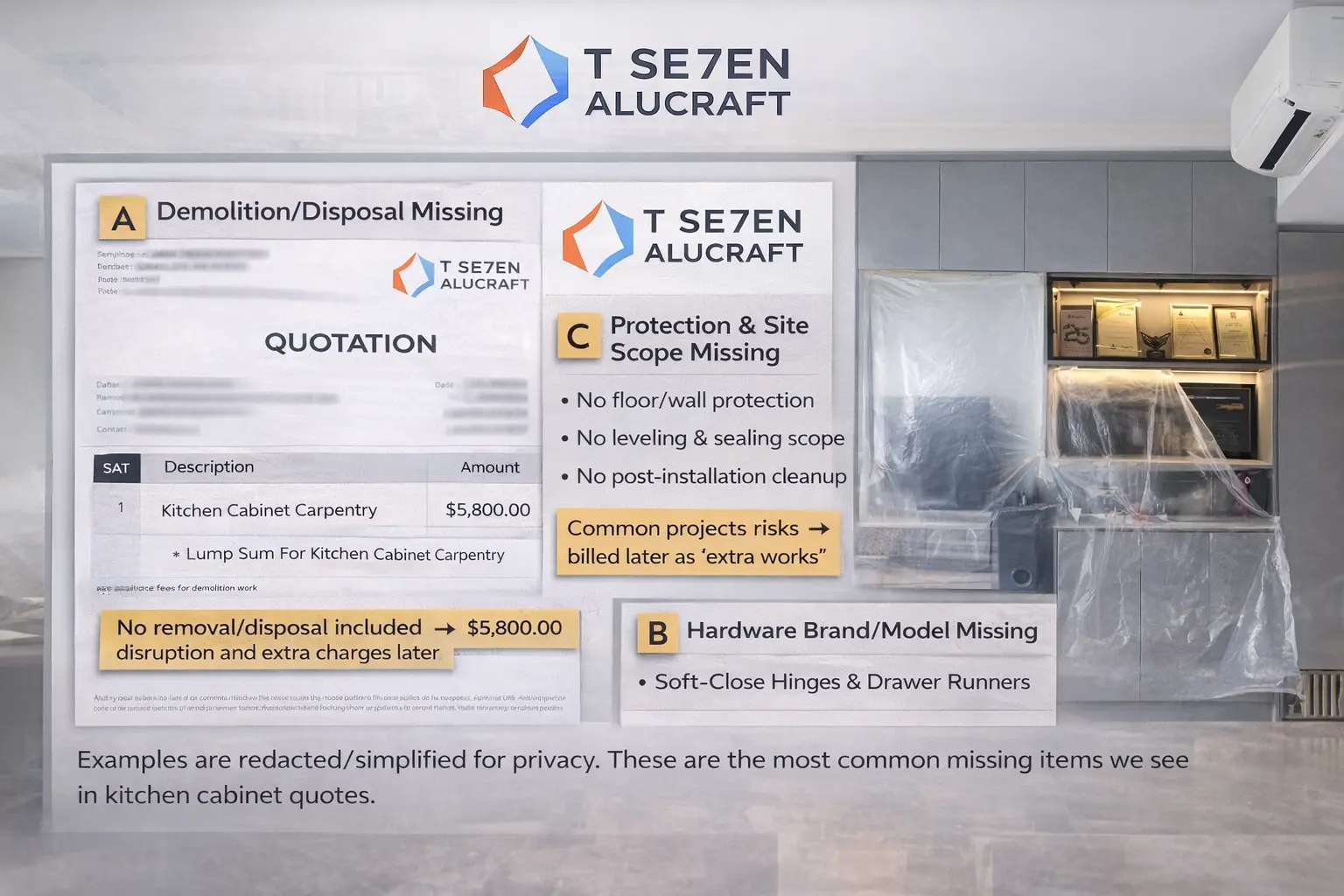 Redacted kitchen cabinet quotation examples showing missing disposal and missing hardware brand plus installed cabinets proof — T Se7en Alucraft Singapore