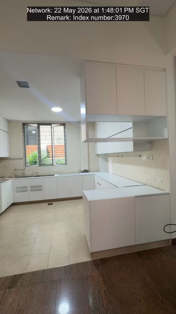 custom modern kitchen cabinets with peninsula counter, upper storage, and minimalist built-in design by T7Seven Singapore