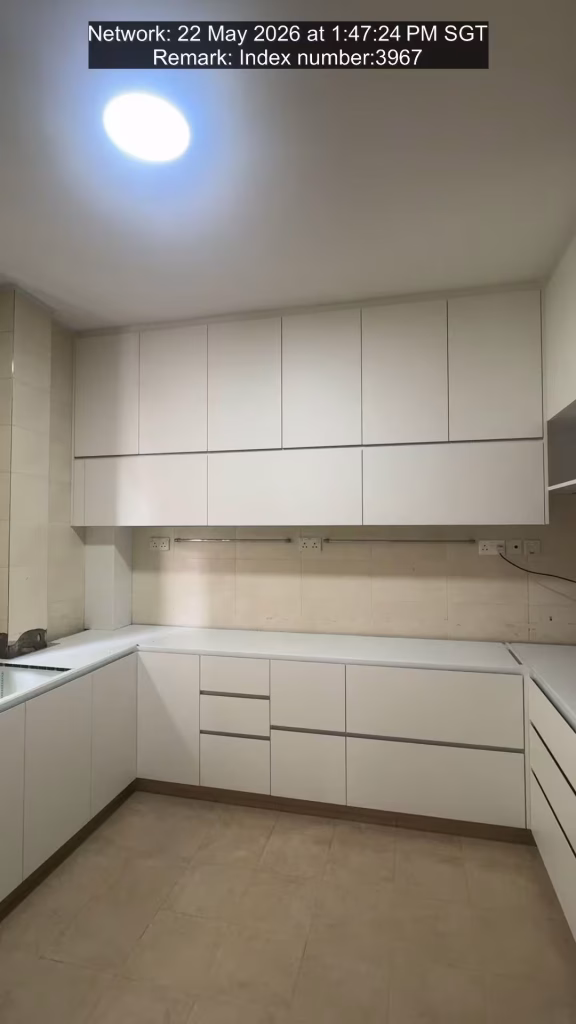 minimalist L-shaped kitchen cabinets with upper storage and custom built-in cabinetry by T7Seven Singapore