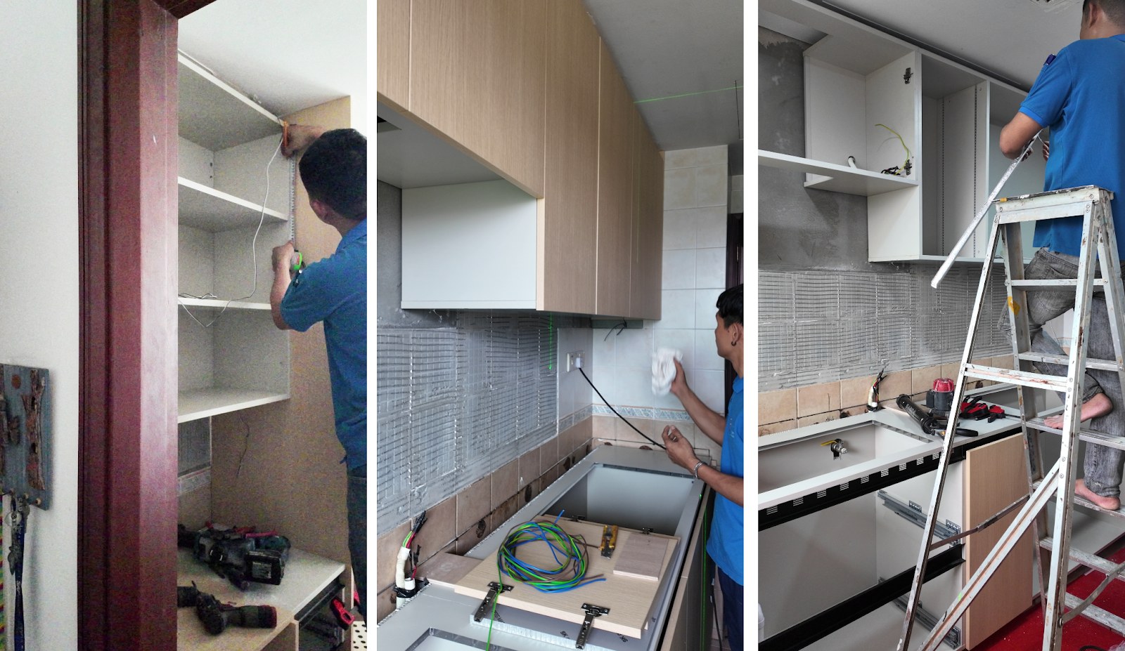 Installer fixing new aluminium cabinet frames to the kitchen wall