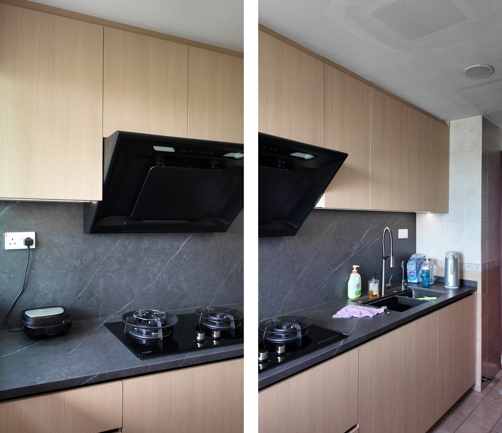 Dark marble-look sintered stone countertop and backsplash with sink tap